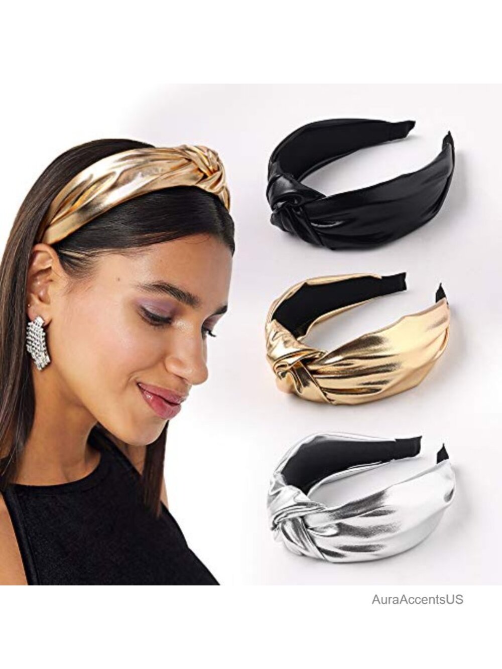 3pc PU Leather Wide Knotted Headbands Set for Women - Hair Accessories Turban